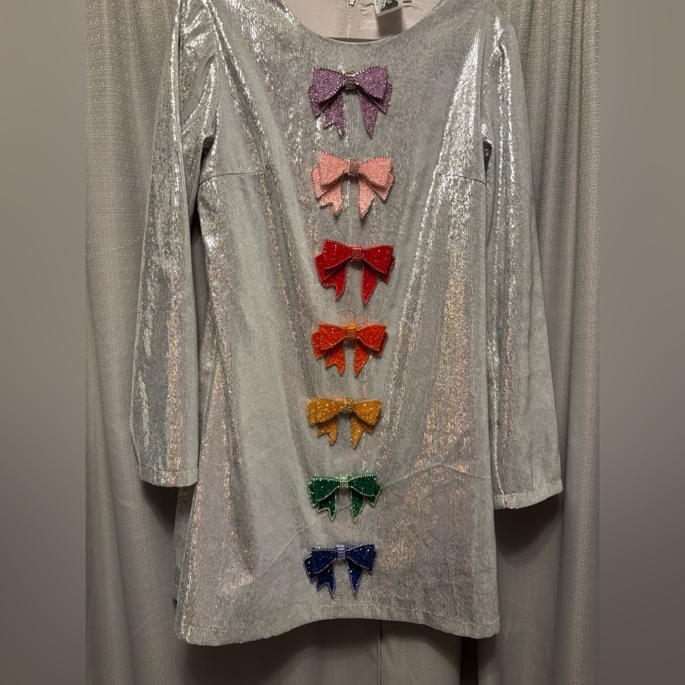 QUEEN OF SPARKLES Silver Mini Dress with Colorful Bows size L